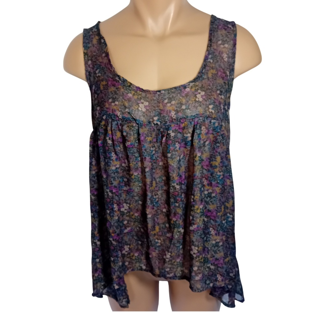 Y2K Boho Cottagecore Sheer Floral Tank Top Flowy Babydoll Neck Handkerchief M